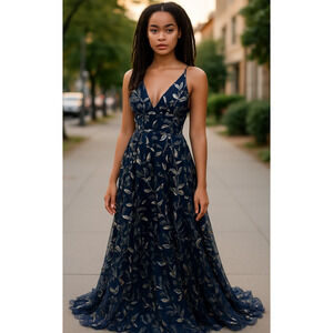 NWT Escape Navy Blue 3D Floral Gown Sz 2 Fairy Gala Ethereal Formal Dress $298